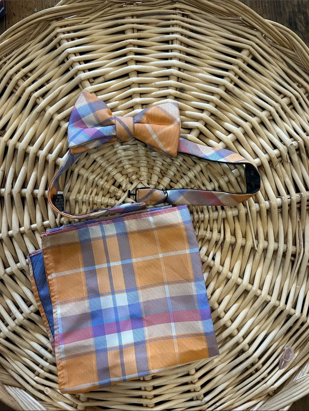 Izod Orange Multi Plaid Bow Tie and Pocket Square Set